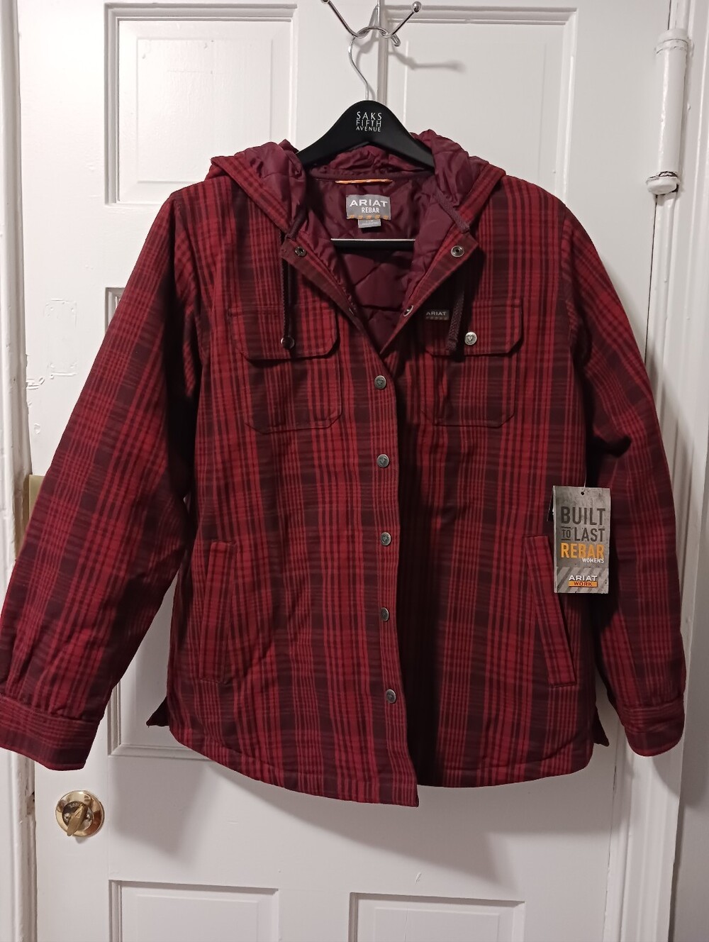 Ariat Rebar Flannel Shacket Shirt Jacket & Hood Women's Large Rosewood Plaid NWT